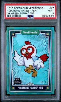 2025 TOPPS CHROME VEEFRIENDS “DIAMOND HANDS” HEN VF GREEN REFRACTOR PSA 9 MINT - Image 1 of 3