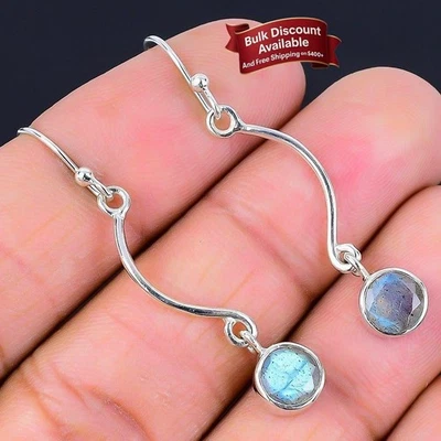 Labradorite Stone 925 Silver Birthday Cyber Monday Dangle Drop Hook New Earrings - Image 1 of 4