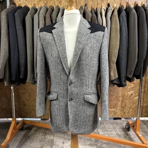 Vintage Harris Tweed Blazer Herringbone Grey Wool Black Mens 22" S/M Sports 70s - Picture 1 of 9