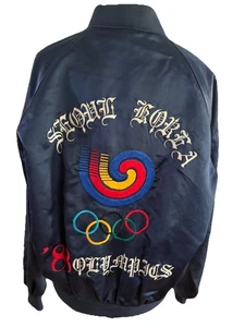 Vtg 1988 Seoul Korea Olympics Olympian Blue Satin Bomber Jacket L Zip 80s W Pins - Picture 1 of 17