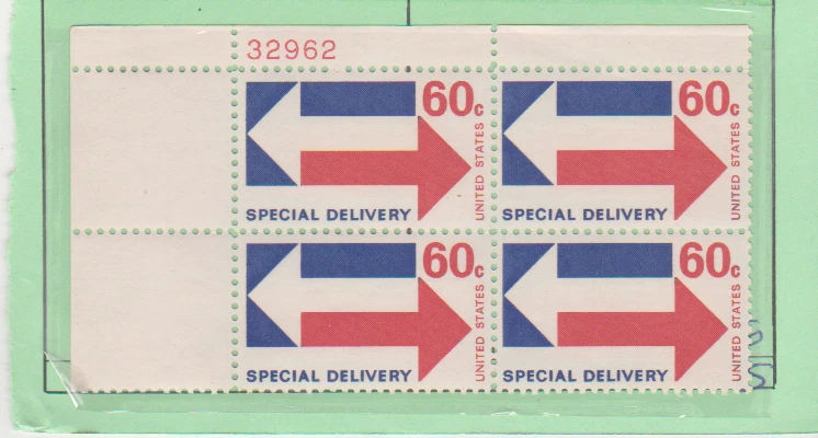 U.S. Scott # E23 Plate Block, MNH, 1971 60-cent Special Delivery, Perf 11 - Image 1 of 1