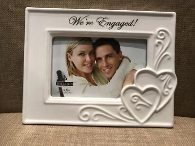 Malden Photo Picture Frame "We're Engaged" White Ceramic 4" x 6"  Freestanding - Image 1 of 2
