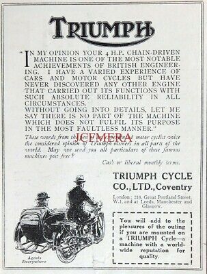 Vintage 'TRIUMPH'' Motor Cycle Advert : Original Antique 1922 Print • 2.71€