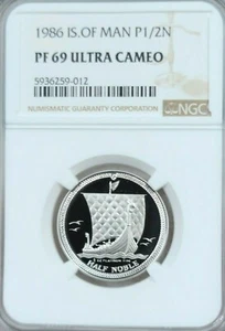 1986 ISLE OF MAN PLATINUM 1/2 NOBLE NGC PF 69 ULTRA CAMEO 1/2 OZ LOW MINTAGE - Picture 1 of 4