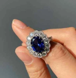 Natürlicher Saphir-Diamant-Ehering 4,56 kt Ovalschliff 14 K Weißgold Größe 6 7 8 - Bild 1 von 8