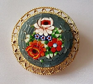 Brooch ~ Micro Mosaic Glass ~ Flowers - Picture 1 of 7