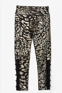 NWT JUSTICE GIRLS LEOPARD SHINE STRAPPY MESH LEGGINGS Size 7 GOLD & BLACK - Picture 1 of 7