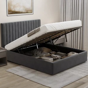OTTOMAN STORAGE GAS LIFT UP SINGLE SMALL DOUBLE 4FT6 KING SIZE VELVET BED FRAME - Picture 1 of 44