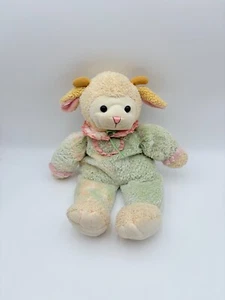 Vintage Lamb Plush Green Yellow Outfit Pink Collar Neck Goat Horns 18" - Picture 1 of 11