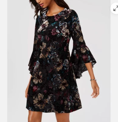 NINE WEST Sz 6 Burnout Velvet Floral Print Dress Black Mini - Image 1 of 4