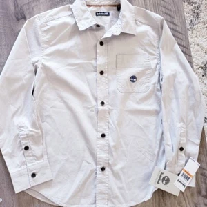 Boys Timberland Button Down Long Sleeve Shirt NWT Kids Solid Tan Stone Cotton - Picture 1 of 4
