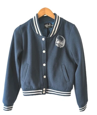 Chaqueta Bomber Hell Bunny Calavera XS Gótica Rockabilly Azul Blanco Universitario Cierre a Presión Foto 1 de 4