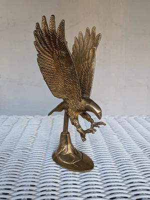 Vintage Solid Brass American Eagle Sculpture Statue Spread Wings Landing 8" Tall - Image 1 of 4