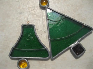 VINTAGE SET  2 Handmade Leaded Stained Glass Sun Catchers Christmas Tree + Bell - Picture 1 of 1