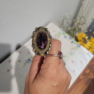 Rare antique art nouveau hat pin brass rhinestones large purple faceted glass - Picture 1 of 13