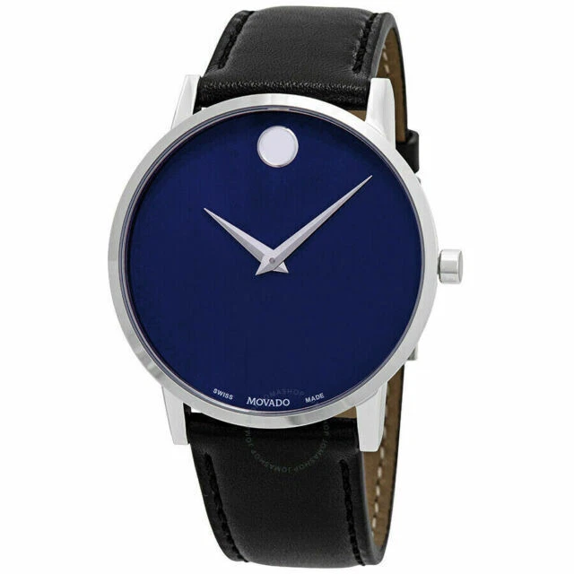 Movado Museum Classic Blue Dial Black Leather Strap Men's Watch - 0607270