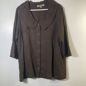 Womens Flax LInen Button Lagenlook Tunic Large Collar Brown S 3/4 Sleeve - Picture 1 of 8