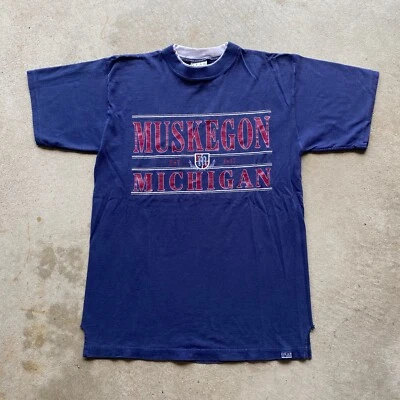 Vintage 90s Muskegon Michigan Shirt Size Medium Blue Location Destination Boho - Image 1 of 4