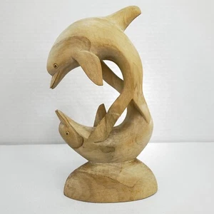 VTG Dolphin Statue Figurine Playful Dolphins Figure Ocean Beach Hand Carved Wood - Picture 1 of 12