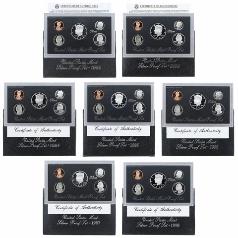 1992-1998 Proof Set Run Original Box 90% Silver 7 Sets 35 Coins US Mint Cover