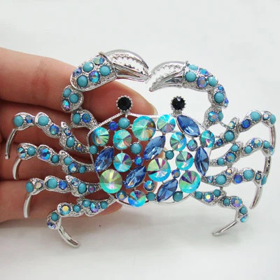 Elegant Silver-Tone Crab Brooch Pin Blue Rhinestone Crystal Woman Jewelry - Image 1 of 3