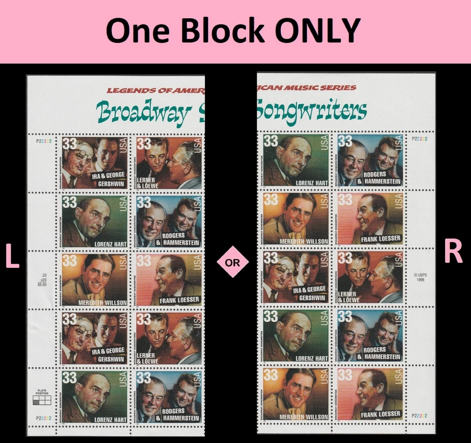 US 3345-3350 3350a Broadway Songwriters 33c plate block 10 P22222 MNH 1999 - Image 1 of 1