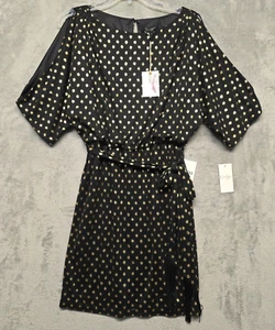 Jessica Simpson Dress Womens Sz 4 Black Gold Polka Dot Belted Cold Shoulder - Picture 1 of 20