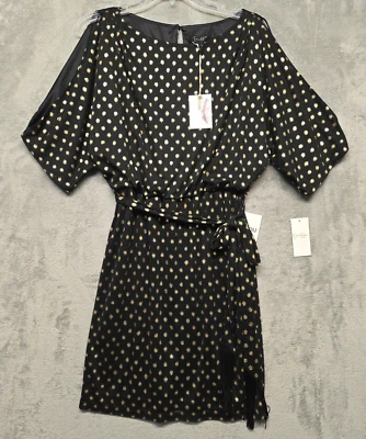 Jessica Simpson Dress Womens Sz 4 Black Gold Polka Dot Belted Cold Shoulder - Image 1 of 4