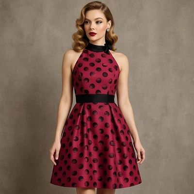 Vestido de coquetel Theia tamanho 6 rosa preto bolinhas gola alta ajuste e alargamento - Imagem 1 de 4