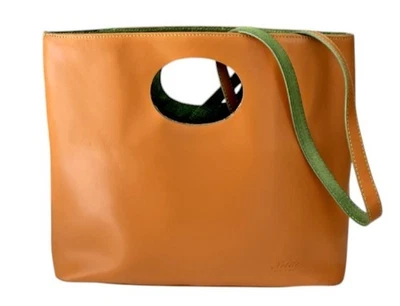 Bolso de Mano Italiano Cuero Amarillo Verde Gamuza Forro Recortado Asa Cartera Italia De Colección Foto 1 de 4