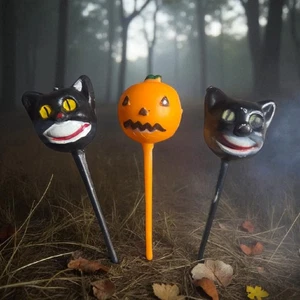 Vintage Halloween Cupcake Picks Kürbis schwarze Katzen 2,5" Kunststoff Caketopper Retro Dekor - Bild 1 von 7