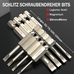 1/4" Magnetisch Schlitz Schraubendreher Bits 50/75-150MM Längen Sechskantschaft - Picture 1 of 31