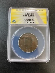 1827 CORONET HEAD LARGE CENT ANACS G-6 DET - LARGE CENT - CERTIFIED SLAB - 1C - Picture 1 of 2