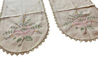 Pair Antique Hand Embroidery Table Runners Doilies Dresser Cloth Floral Flowers