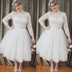 Plus Size Short Wedding Dresses Long Sleeve Lace Applique Scoop Neck Bridal Gown - Picture 1 of 9