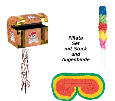 Set Zugpinjata Schatztruhe Piñata Kindergeburtstag Pinata + Stab + Augenmaske - Bild 1 von 4