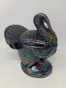 L.E. Smith Amethyst Carnival Glass Turkey On Nest Covered Dish Candy Jar VTG-7” - Picture 1 of 15