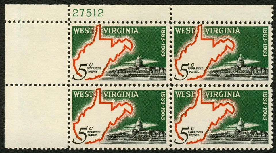 #1232 5c W Virginia Statehood, Plate Block [27512 UL] **ANY 5=FREE SHIPPING** - Image 1 of 1
