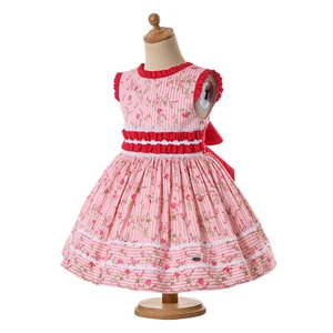 Spanish Vintage Girls Floral Striped Pink Dresses 2 3 4 5 6 8 10 12 Years Casual - Picture 1 of 12