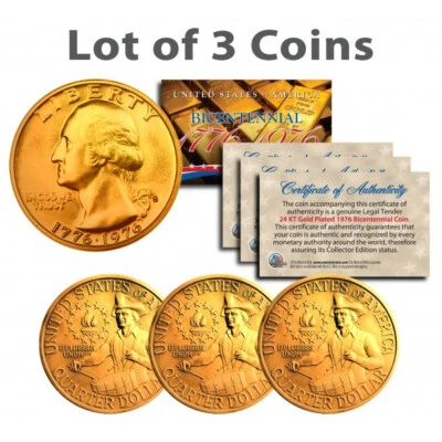 Bicentennial 1976 Quarters U.S. Coins 24K GOLD PLATED w/Capsules (Lot of 3) - Image 1 of 3