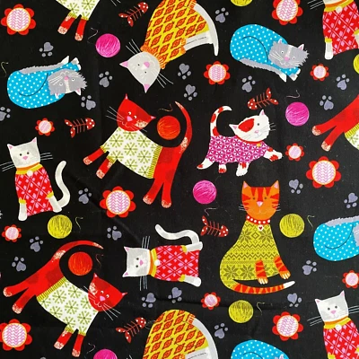 Knitty Kitty Cat Fabric 18inx42in Greta Lynn Benartex Knitting Cats 18 in length - Image 1 of 4
