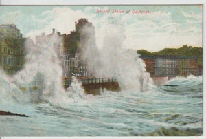 HASTINGS, SUSSEX - RECORD SEA STORM COLOUR POSTCARD + - Picture 1 of 2