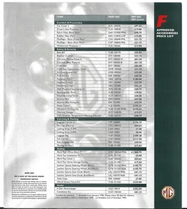 MG MGF Accessories Prices & Part Numbers 1995-1996 UK Single Sheet Brochure - Picture 1 of 1