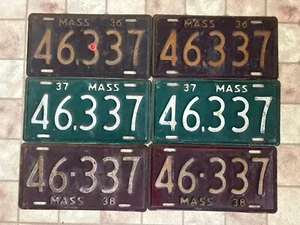 6 Matching #s 1936 1937 1938 Massachusetts  Vintage Antique Auto License Plates - Picture 1 of 2