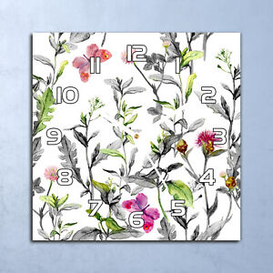 Glass Clock 30x30 Wall Modern Home Silent Meadow flowers Floral and butterfly