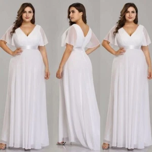 Plus Size Chiffon Wedding Dresses Short Sleeve V Neck Full Length Bridal Gowns - Picture 1 of 11