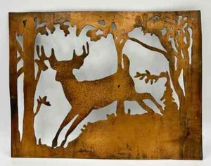 Placa de arte de pared de cobre de metal cortado vintage silueta ciervos bosque árboles 9x7 - Imagen 1 de 4