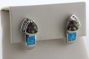 Sterling Silver 925 Alexandrite & Blue Fire Opal Sparkling Stud Earrings - Picture 1 of 9