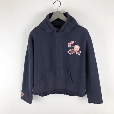 Sudadera con Capucha Betsey Johnson Talla XS Azul Marino Forrada de Vellón Recortada Floral Bordada Foto 1 de 4