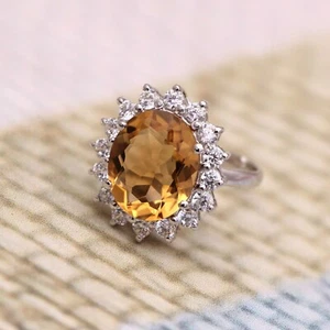 Faceted Citrine Zircon Halo 925 Sterling Silver Golden Topaz Adjustable Ring Her - Picture 1 of 3